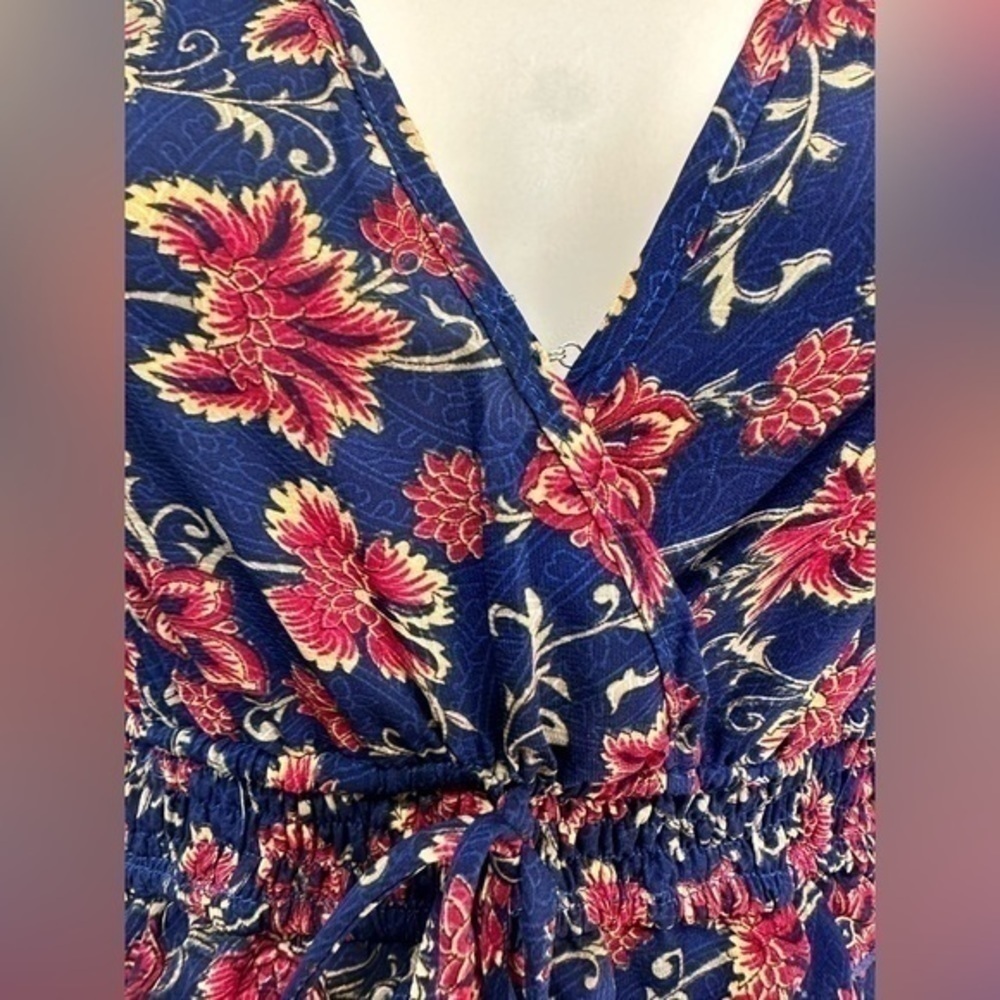 Anthropologie Boemo Maxi Dress Ruffle Navy Blue Red Tiered Long Sleeve PETITE - Picture 3 of 7